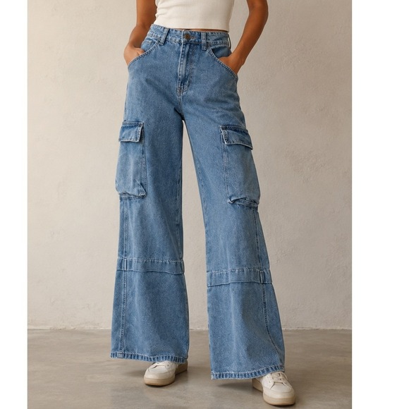 Zoe Denim - Cargo Jeans 8 High Rise Wide Leg Y2K Light Wash Grunge Baggy Urban Made by Zoe